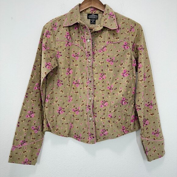Angie Tops - Angie Corduroy Pearl Snap Western Rodeo Retro Green Brown Floral Button Med